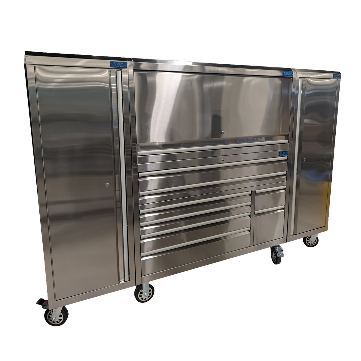 SGS 56in Stainless Steel 7 Drawer Roller Cabinet with Top Hutch and 2x Side Lockers
